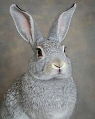 A close-up portrait of a gray rabbit with large ears and expressive eyes.
