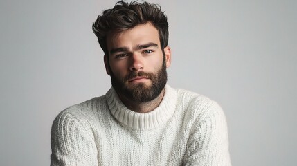 Obraz premium Young Handsome Bearded Man in Casual White Sweater Portrait