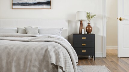 modern bedroom interior with a focus on a bedside area. The style is contemporary with a minimalist aesthetic. The layout features a white upholstered bed with a textured white and gray blanket draped