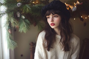 Young woman with long brown hair wearing a cozy cream sweater and black hat, surrounded by festive greenery and warm lights, radiating a serene winter atmosphere