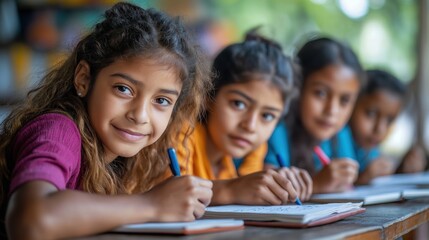 Young Venezuelan students focused on creative writing session in school classroom. Children actively engage with pen, paper. Diverse group of students participate in learning activity. Teacher