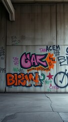 Naklejka premium Industrial concrete wall with graffiti and tags, graffiti, gritty, raw, industrial concrete, monochromatic