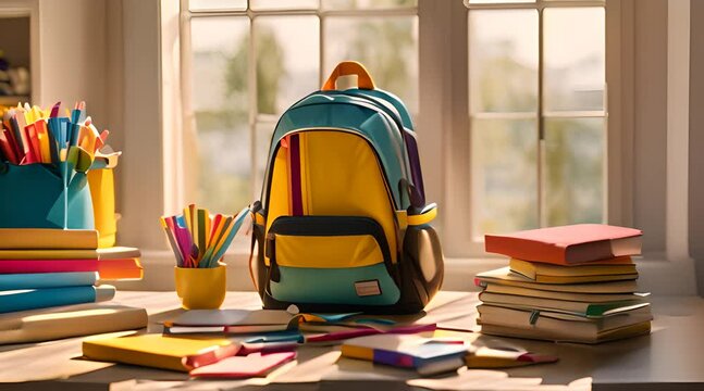 A colorful backpack overflowing with vibrant school supplies