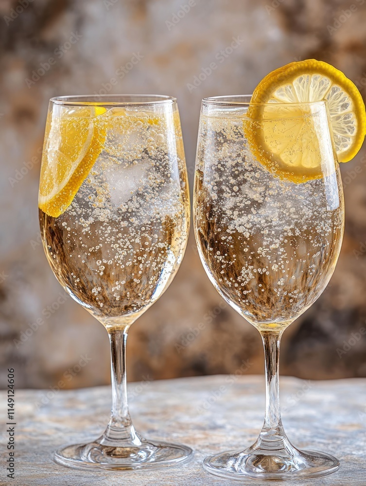 Poster two glasses of sparkling drink with lemon slices, creating a refreshing beverage scene.