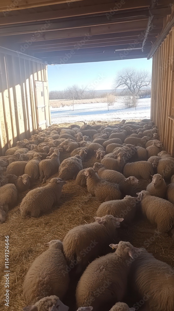 Poster a flock of sheep resting in a barn with straw bedding and sunlight streaming in.
