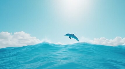 Playful Dolphins Leaping Out of Ocean Waves Under a Sunny Blue Sky with Fluffy Clouds Highlighting Nature's Beauty
