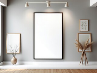 Modern interior with hanging poster mockup in minimalist style, art, layout, mockup