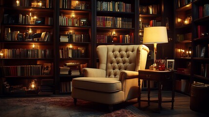 Cozy reading nook with armchair in a dimly lit library filled with bookshelves and candles.