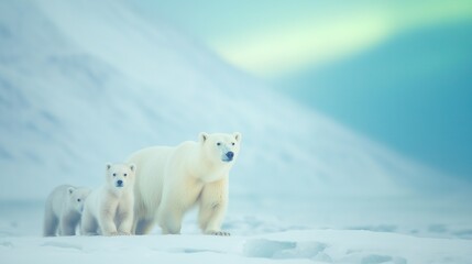 Polar Bear Mother and Cubs Exploring Majestic Icy Landscapes Under Northern Lights in Arctic Wilderness