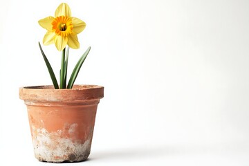yellow daffodil plant in a clay pot isolated on white background