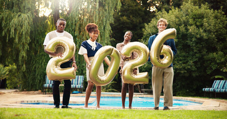 Happy people, portrait or new year with numbers for festive party, celebration or event by pool....