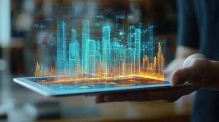 Person holding tablet showing holographic city data.