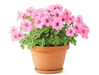 pink geranium plant in a terracotta pot isolated on white background