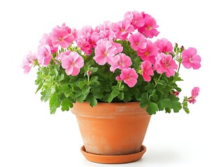 pink geranium plant in a terracotta pot isolated on white background