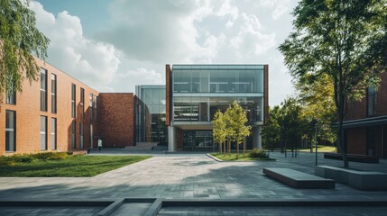 Modern university campus building, open spaces, brick and glass, contemporary architectural design 