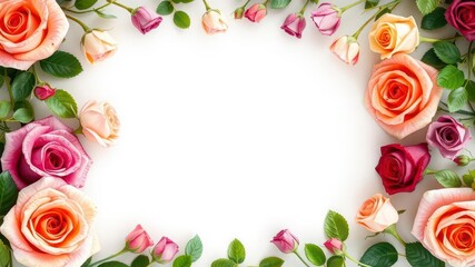 Rose flower with green leaves creating a beautiful frame, celebration, wedding, background