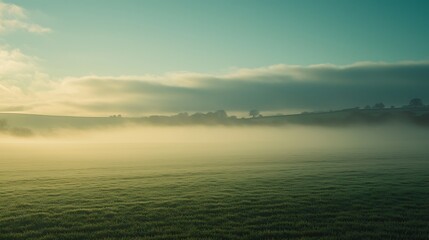 Fototapeta premium Misty sunrise over a serene green field.