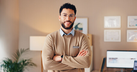 Doctor, man and portrait with arms crossed in office for career pride, medical service and health support. GP, worker and ready for healthcare consultation, healthy wellness and practice management - obrazy, fototapety, plakaty