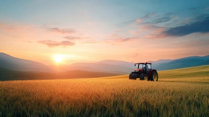 Sunrise Over Rolling Fields with Tractor in Golden Wheat and Majestic Mountain Landscape