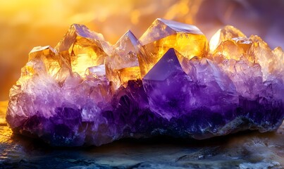 Fototapeta premium Glowing amethyst and citrine cluster on dark background.