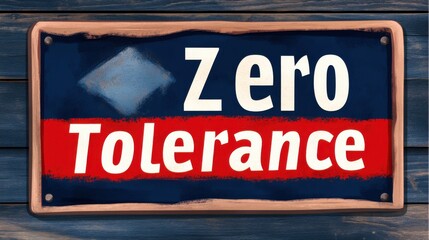 Bold Sign Displaying Zero Tolerance Phrase on Rustic Wooden Background with Red and Blue Colors