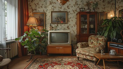 Retro Living Room with Vintage Television, Furniture, and Plants