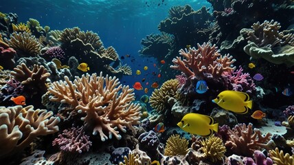 Vibrant coral reef teeming with colorful fish in a shallow, sunlit underwater scene.