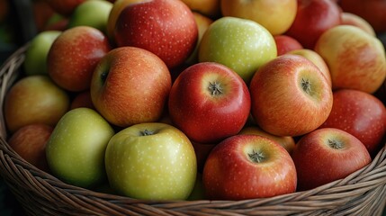 Fresh ripe apples in various colors fill wicker basket. Colorful fruit display. Healthy, delicious organic produce. Autumn harvest. Natural, sweet. Ripe, juicy. Perfect for healthy snack meal. Ideal