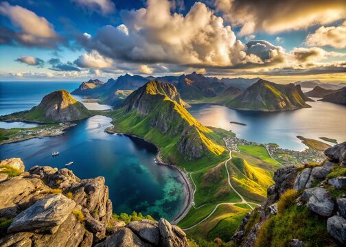 Lofoten Islands Skrova Mountaintop Panoramic View: Dramatic Coastal Scenery