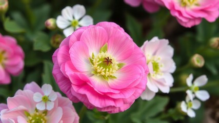 Vibrant pink and white ranunculus flowers blooming in a garden, blooming, floral