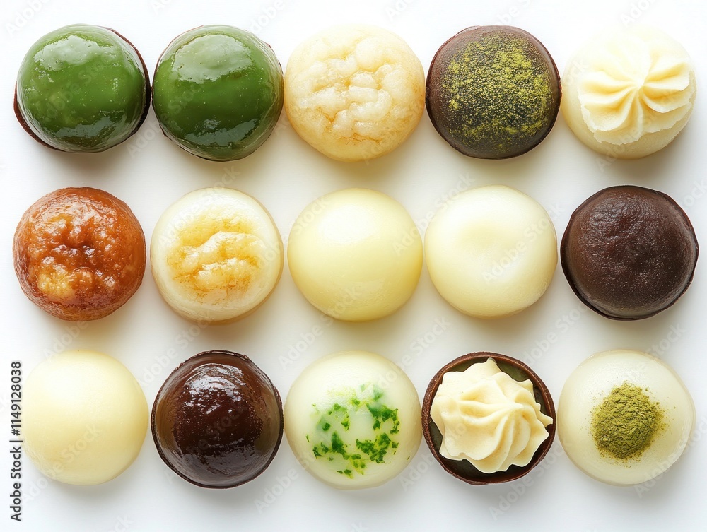 Poster a colorful array of sweet, round confections showcasing various flavors and textures.