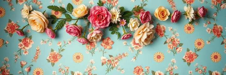 Fotobehang Vintage style artificial flowers wall background, perfect for adding a touch of elegance to your designs, elegance, retro © Prayad