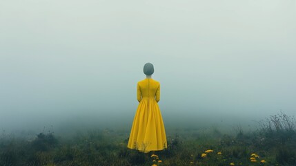 Woman in yellow dress stands in misty field. Looks out at misty landscape. Peaceful, serene scene. Woman in vivid yellow dress stands amidst field of green grass, flowers. Soft mist envelops distant