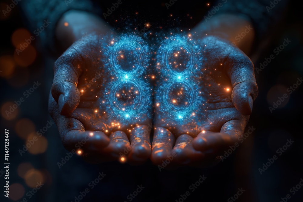 Poster hands hold glowing digital number 88. abstract tech concept. futuristic image. light element design.