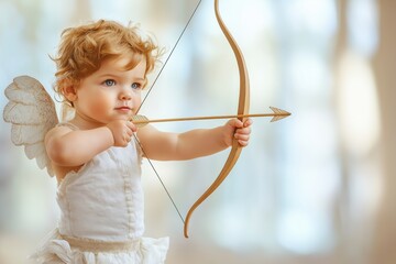 Obraz premium Vintage cupid cherub shooting an arrow with bow, love angel illustration perfect for Valentine\'s Day celebrations