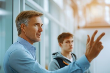Obraz premium Father and adult son engage in a tense discussion about life choices in a modern kitchen setting