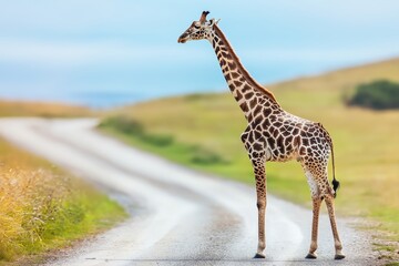 Obraz premium Giraffe navigates a gravel road during a wildlife safari adventure in Namibia\'s scenic landscape