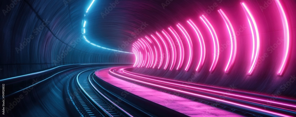 Poster futuristic underground tunnel with glowing neon lights and dynamic curves creating vibrant visual ef