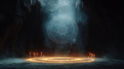 Fototapeta premium Mysterious daemon sits in hidden grotto. Arcane symbols surround glowing ethereal energy. Candles form mystical circle. Dark atmospheric setting. Enchanting supernatural scene.