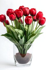 bright red tulip plant in a glass pot isolated on white background
