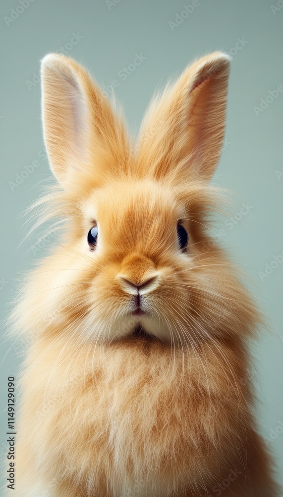 Poster a fluffy orange rabbit with large ears and a curious expression against a soft background.