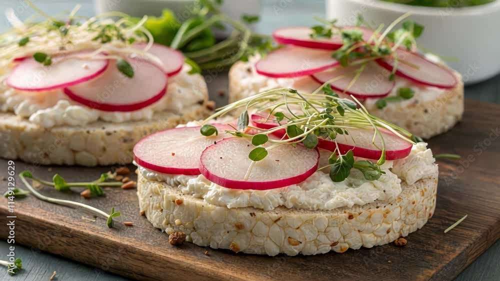 Poster rice cake with toppings a closeup view of a rice cake spread with cream cheese and topped with slice