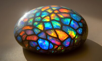 Stained glass opal stone, vibrant, iridescent, and unique.
