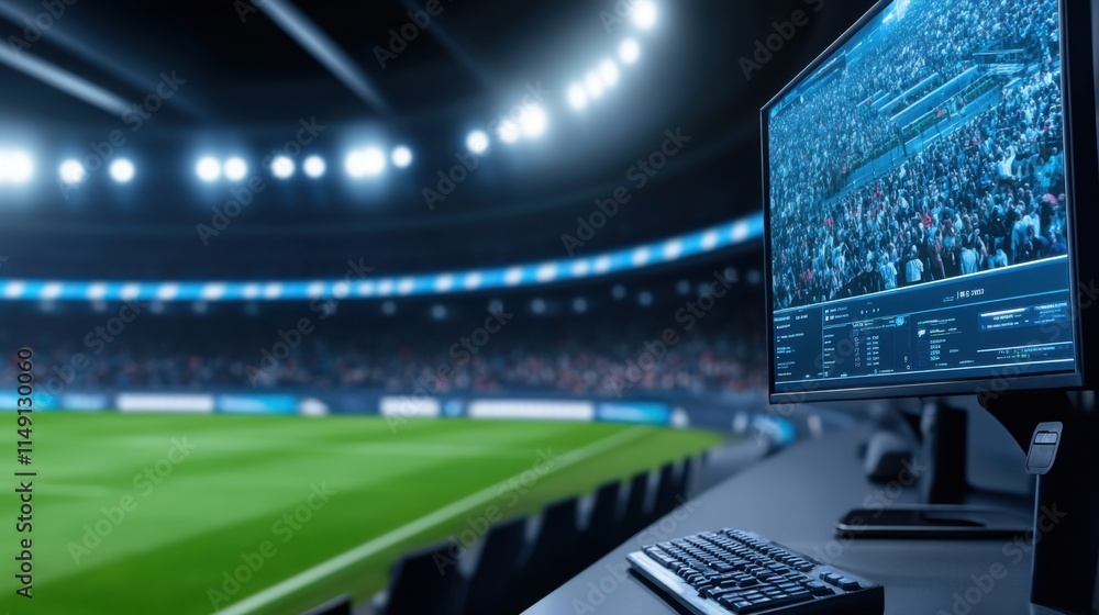 Poster spectator view of a packed stadium with monitor displaying game stats and highlights in a modern are