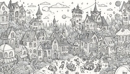 Whimsical Town Sketch Featuring Children and Cars