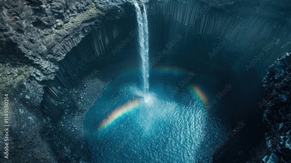Poster aerial view of a waterfall cascading into a deep pool, creating a vibrant rainbow.