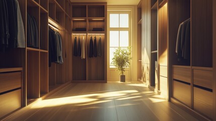 Fototapeta premium Modern walk-in closet with wooden shelves and clothes hanging.