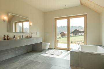 Modern and Minimalistic Bathroom Interior with Natural Light and Scenic View Overlooking Green Landscape and Wooden Cabins in Relaxing Atmosphere