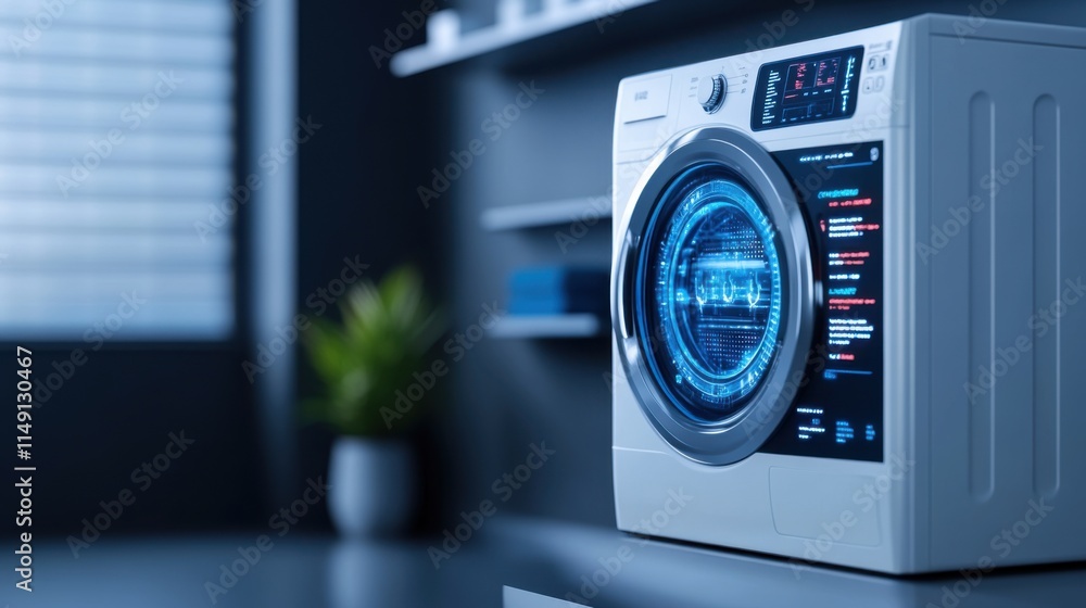 Poster modern washing machine with futuristic display and controls in bright laundry room setting