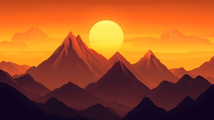 Orange Sunset Over Majestic Mountain Range